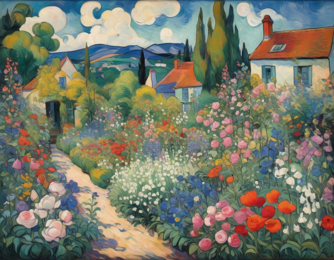 Vibrant Flower Garden in Synthetism Style