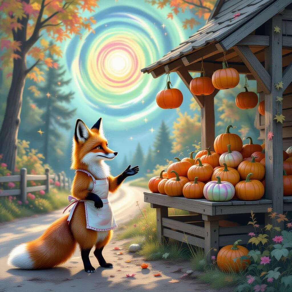 Surreal Fox and Floating Pumpkins: Oil Painting