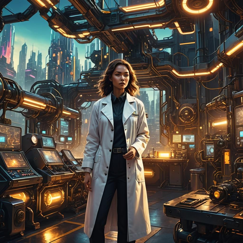 Futuristic Scientist in Cyberpunk Cityscape Concept Art