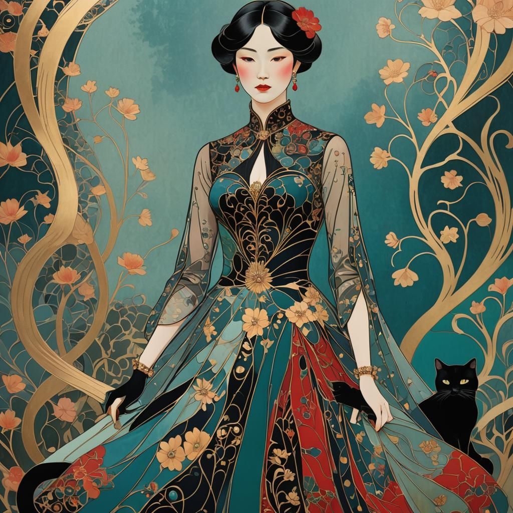 Elegant Lady with Black Cat in Art Nouveau Style