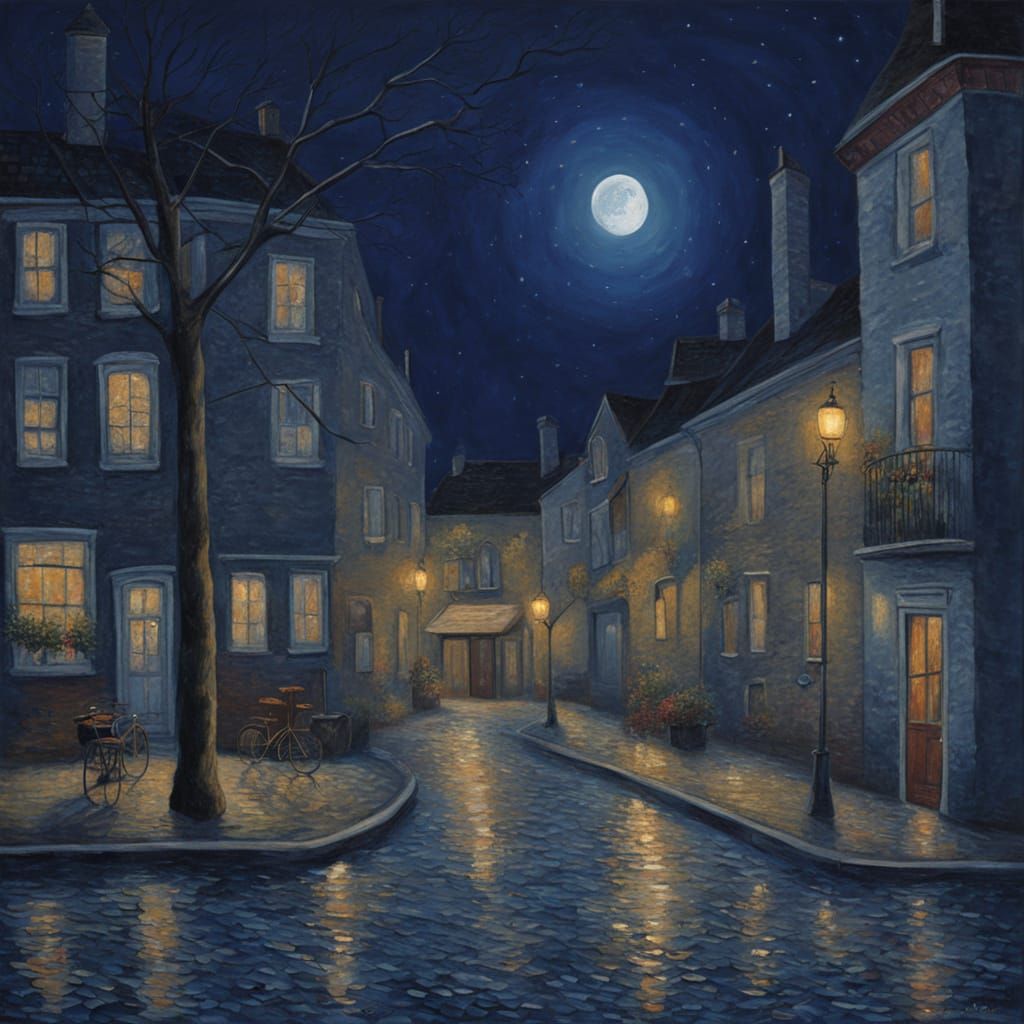 Pointillist Old Town Under Luminous Moon