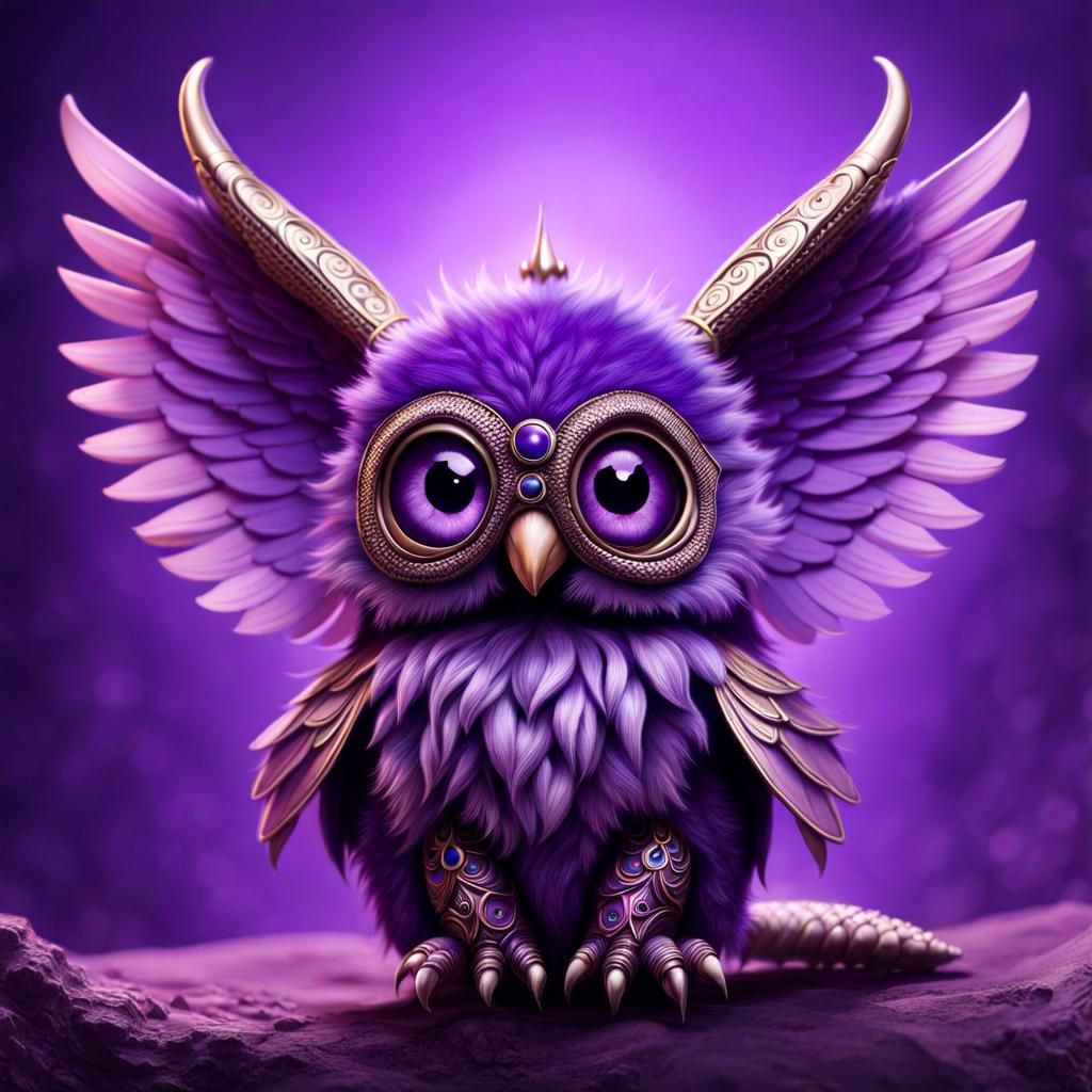 Fuzzy Purple Alien Bird Creature with Angel Wings
