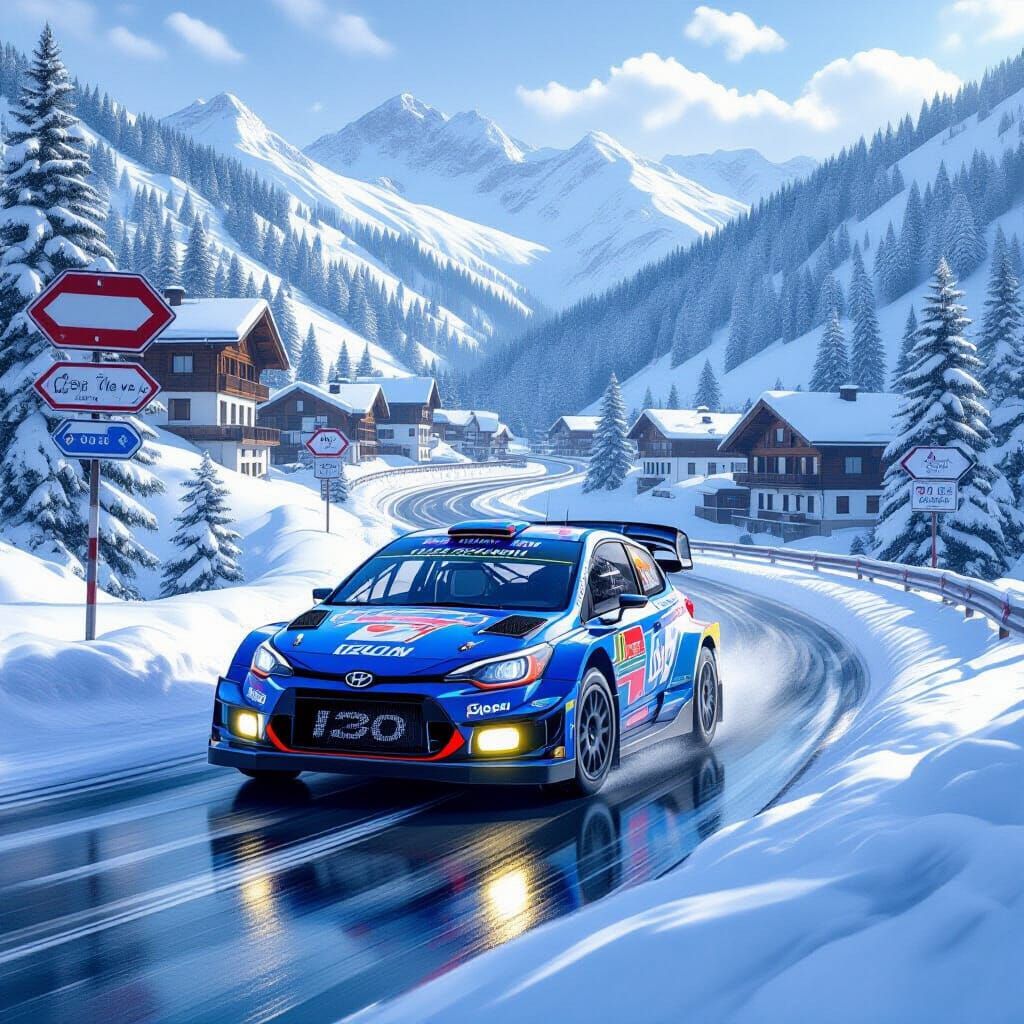 Blue Rally Car on Snowy Alpine Pass