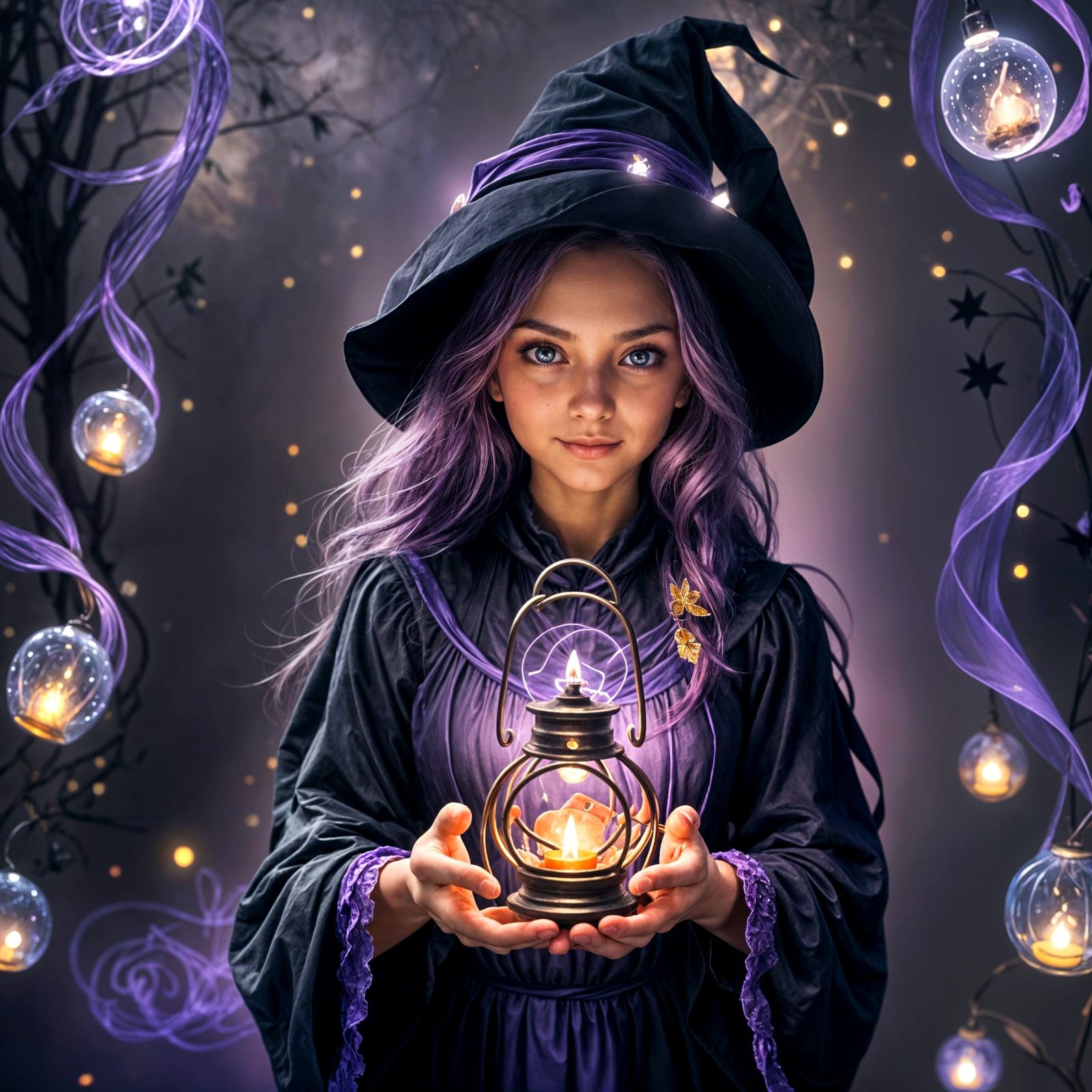 Young Witch Holding a Magical Purple Lantern