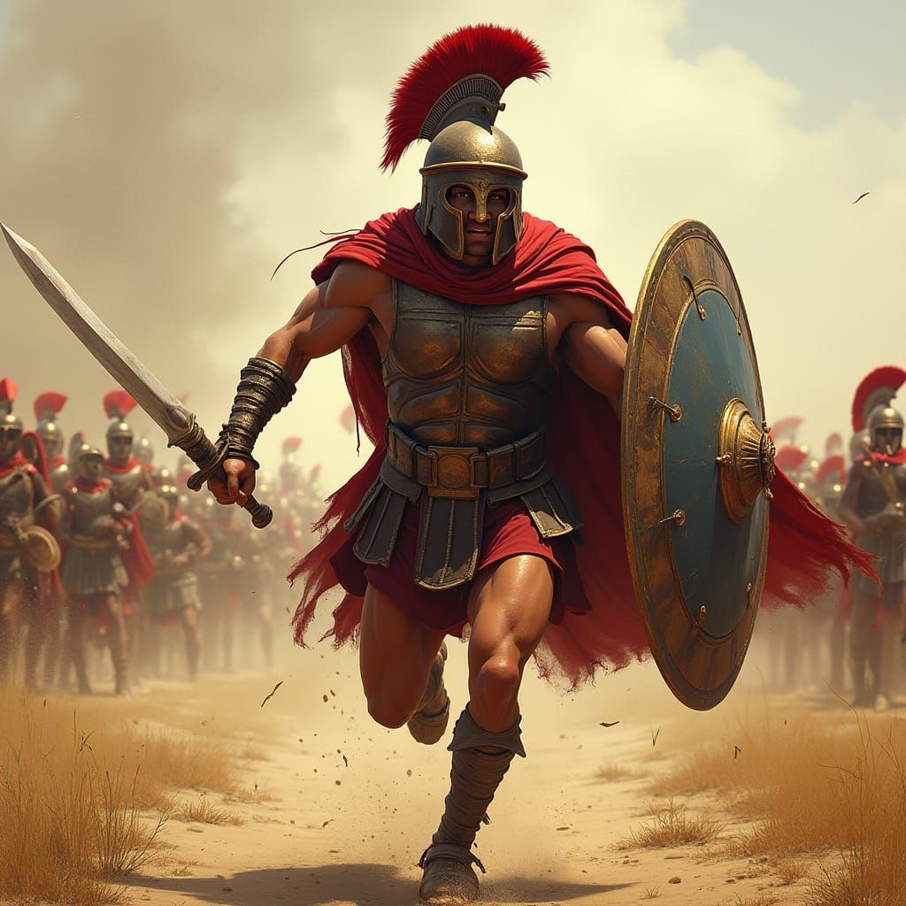 Dynamic Trojan Warrior Charging into Ancient Battle