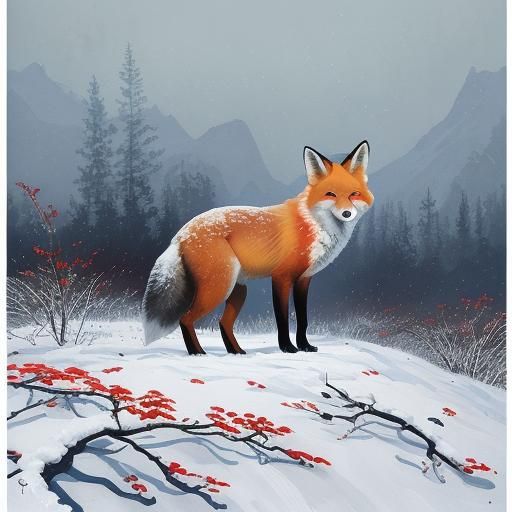 Red Fox in Winter Landscape, Gouache Watercolor