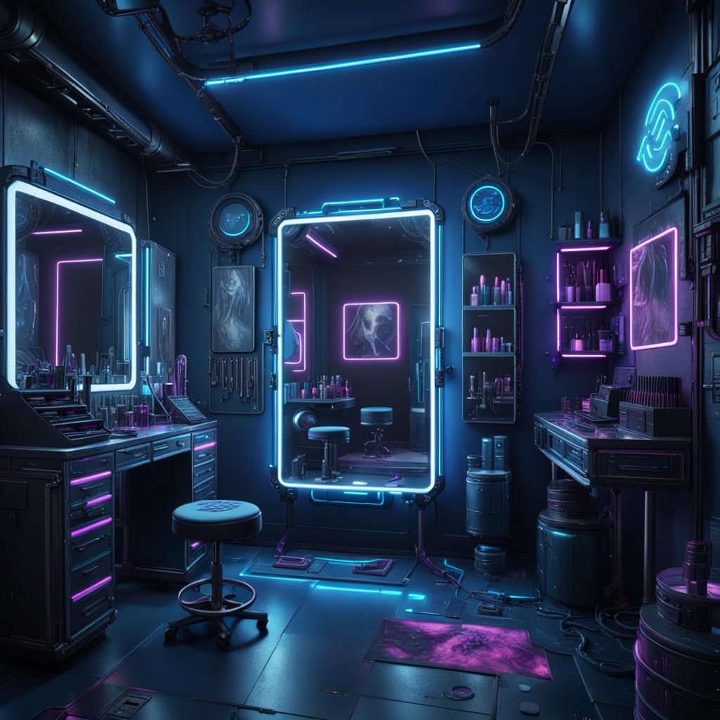 Cyberpunk Blue Neon Makeup Room in Detailed Digital Art