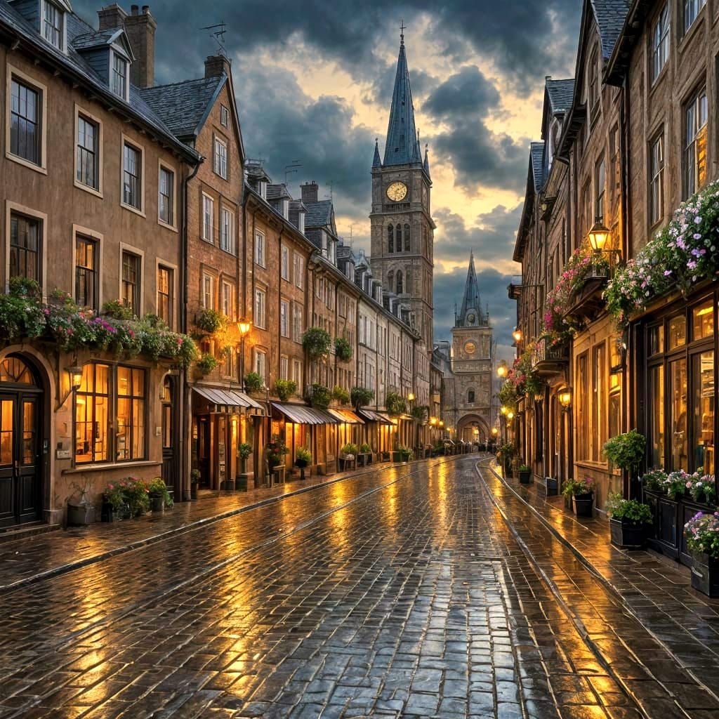 Rainy European Street Scene in Digital Painting