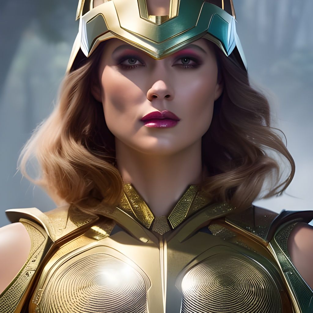 Armored Solarpunk Superheroine Portrait in Art Deco Style