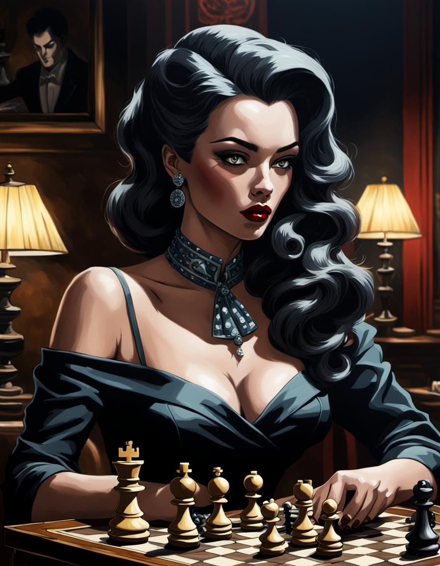 Voluptuous Femme Fatale Plays Chess: Noir Oil Painting