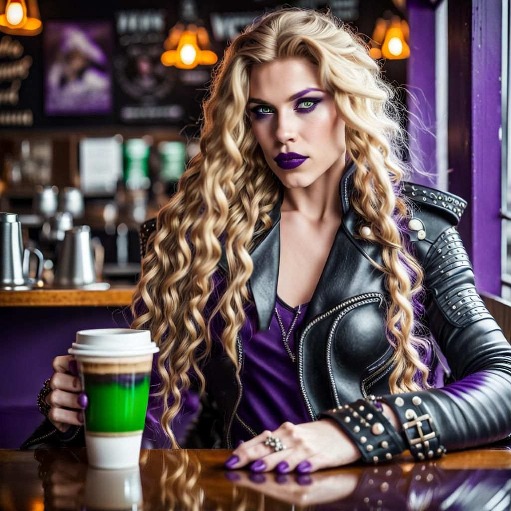 Valkyrie in Cafe with Viking Hairstyle