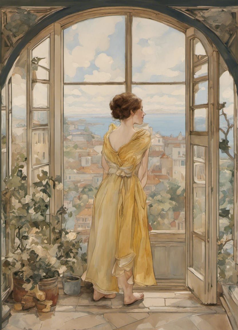 Art Nouveau Labrador with Sea View in Gouache Style