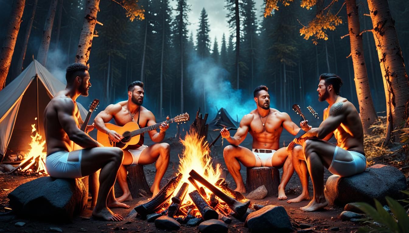 Campfire Harmony: Muscular Men Singing in Forest Camp