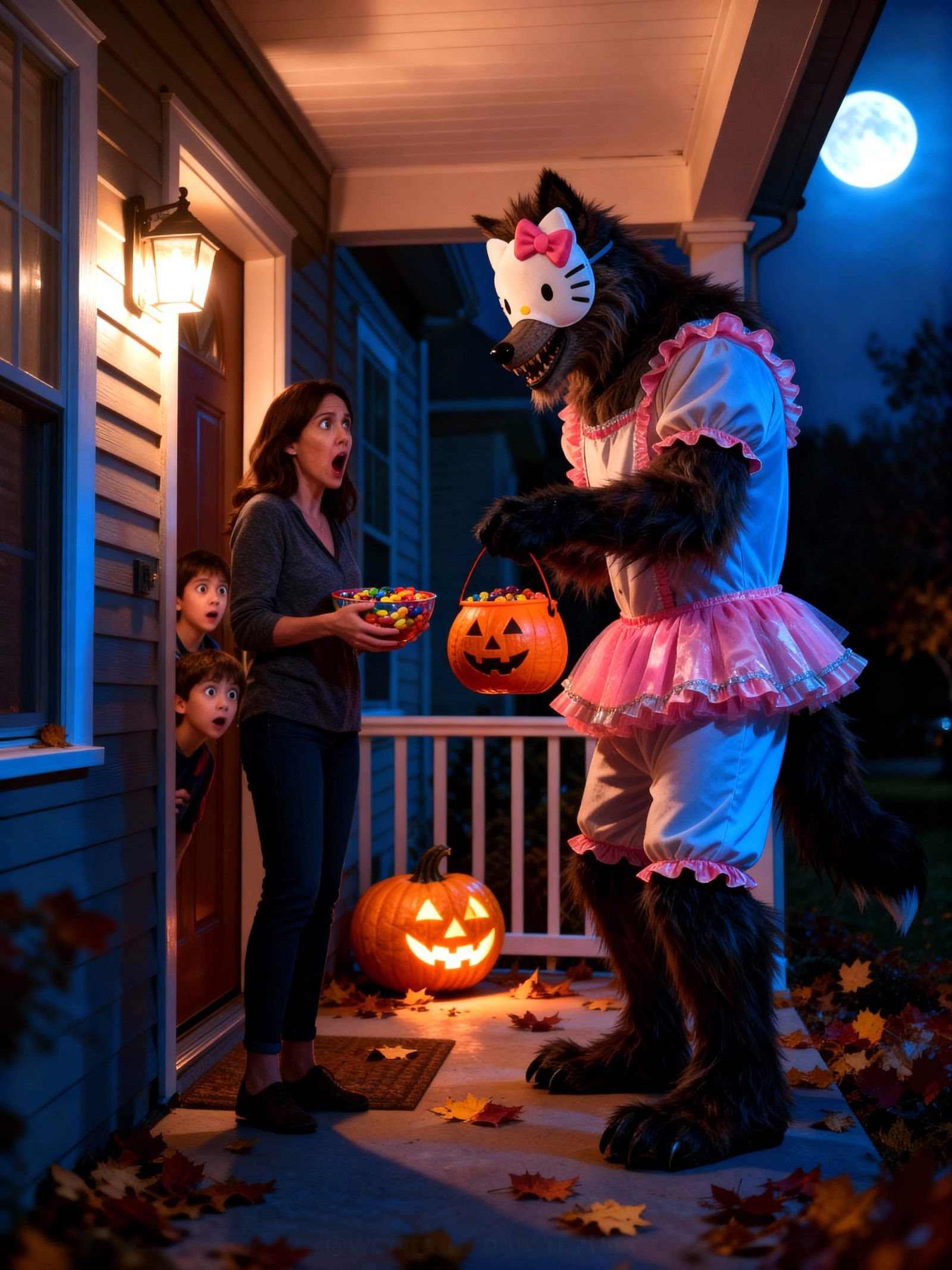 Werewolf in Hello Kitty Costume Trick-or-Treating