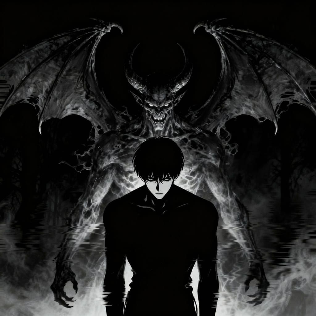 Black Silhouette of Sulking Figure with Devilman-Inspired De...