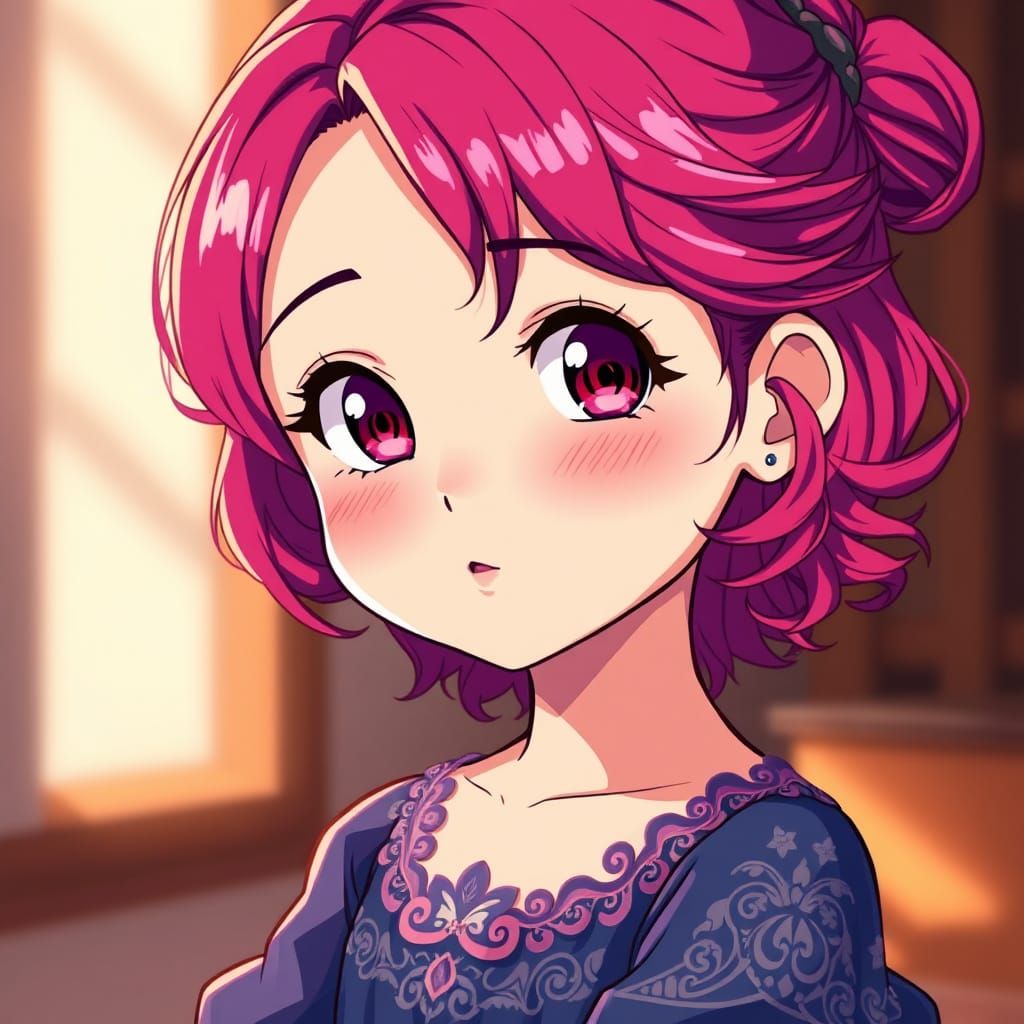 Magenta-Haired Girl in Indigo Dress: Manga-Inspired Art