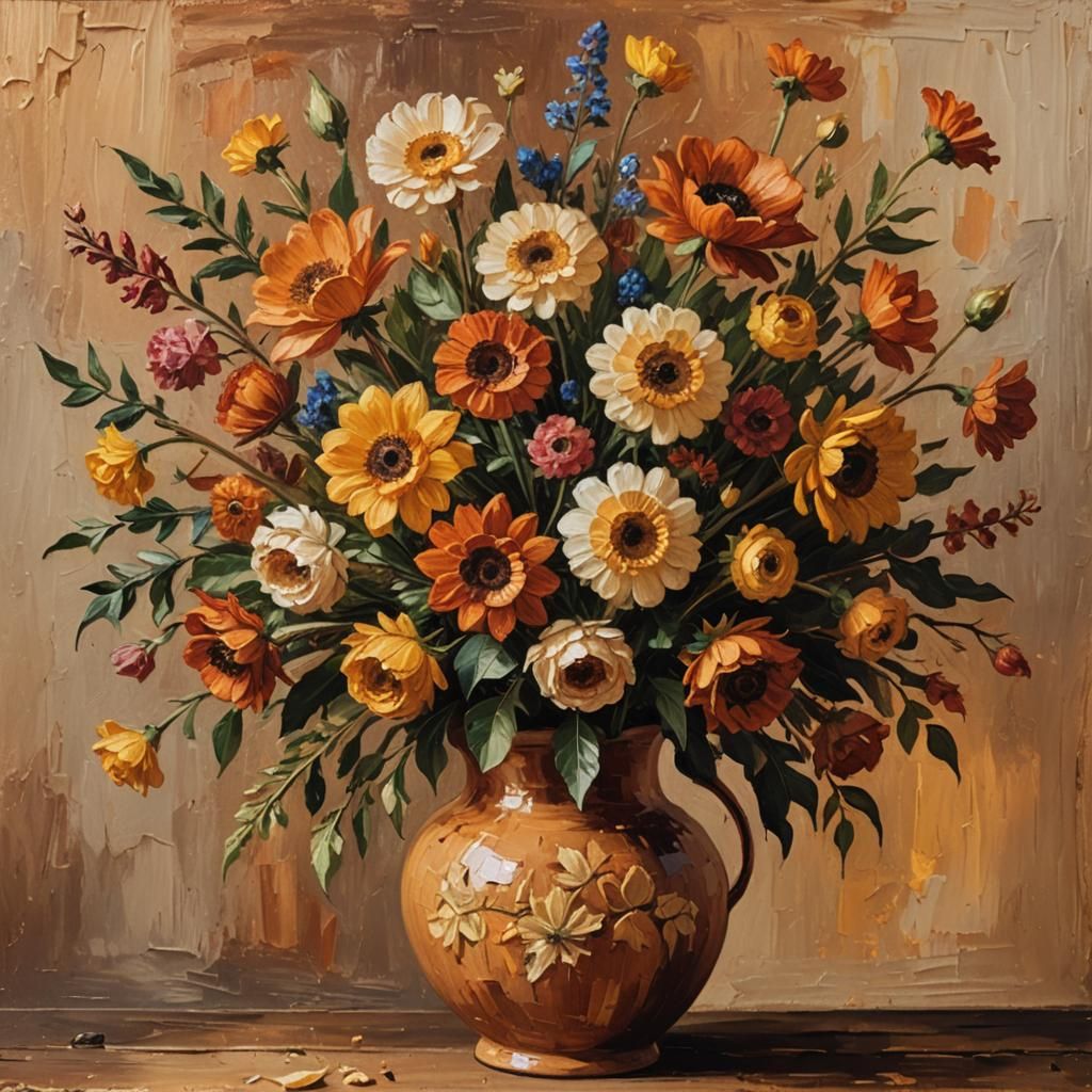 Autumn Flowers in Impasto Style, Terracotta Vase