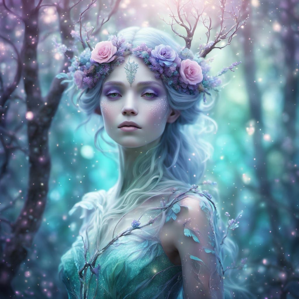 Glass Dryad in Mystical Forest: Whimsical Fantasy Art