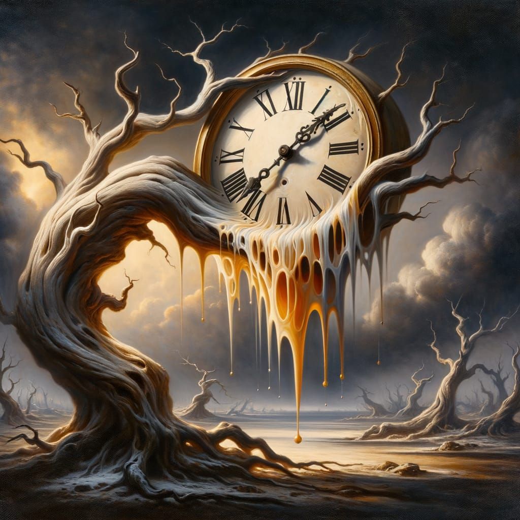 Melting Clock in Desolate Landscape: A Surreal Oil Painting