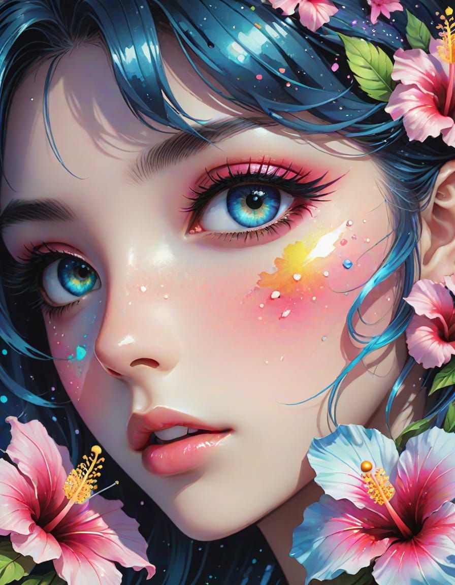 Rainbow Eyes with Hibiscus Flowers in Watercolor Splash Art