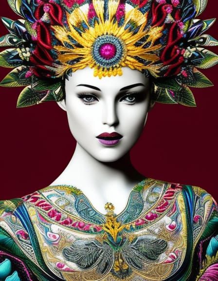 Elegant Woman in Botanical Chandelier Art