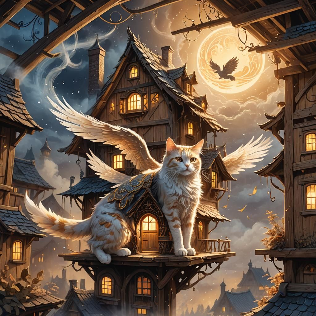Winged Cat Returns Home: Ethereal Fantasy Illustration