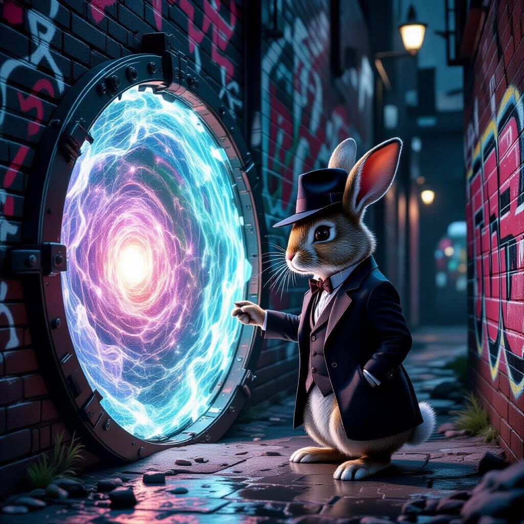 Rabbit Detective Investigates Cosmic Portal in Noir Alley