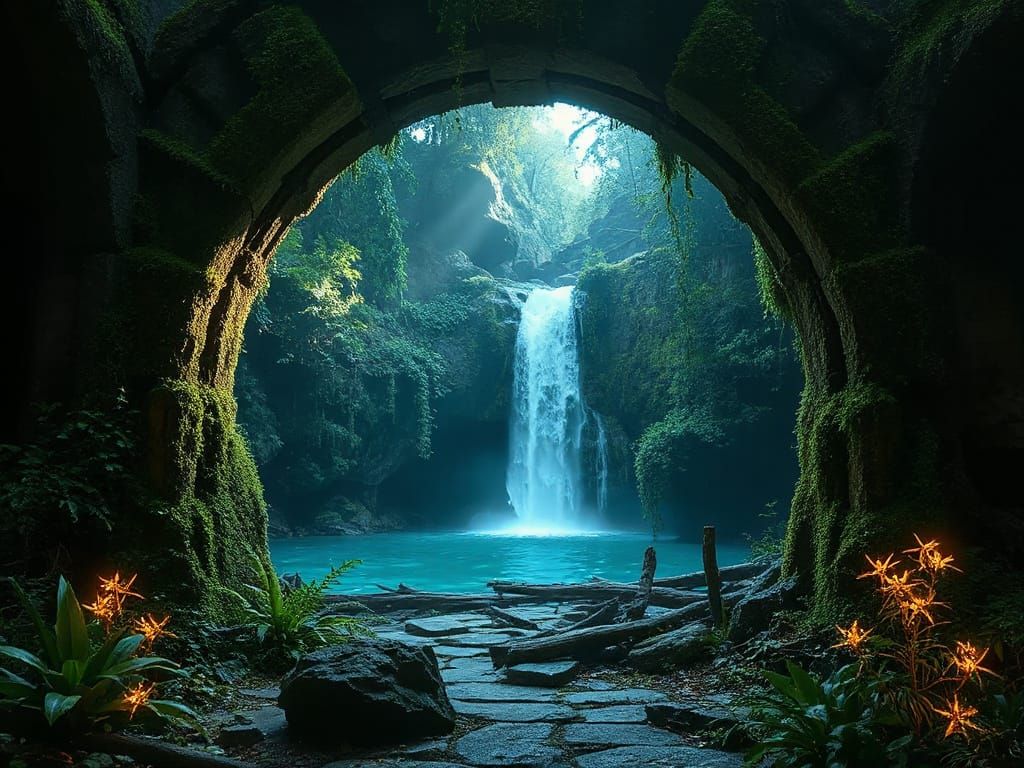 Fantasy Jungle Archway Reveals Bioluminescent Waterfall
