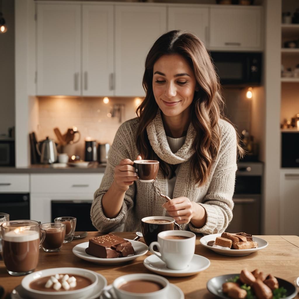 Cozy Woman Enjoying Hot Chocolate in Modern Home