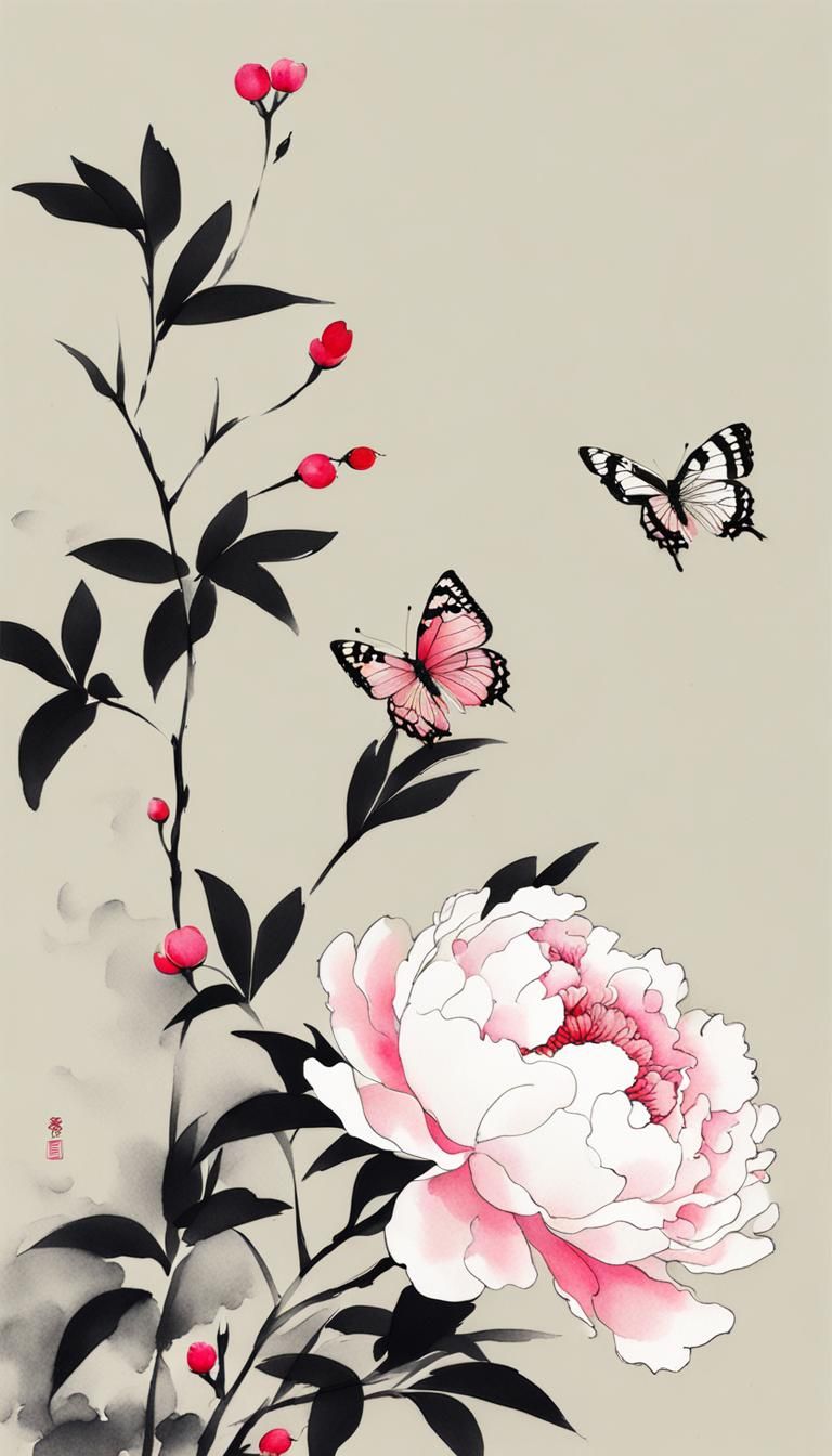 Minimalist Chinese Ink Painting of Peony Flowers