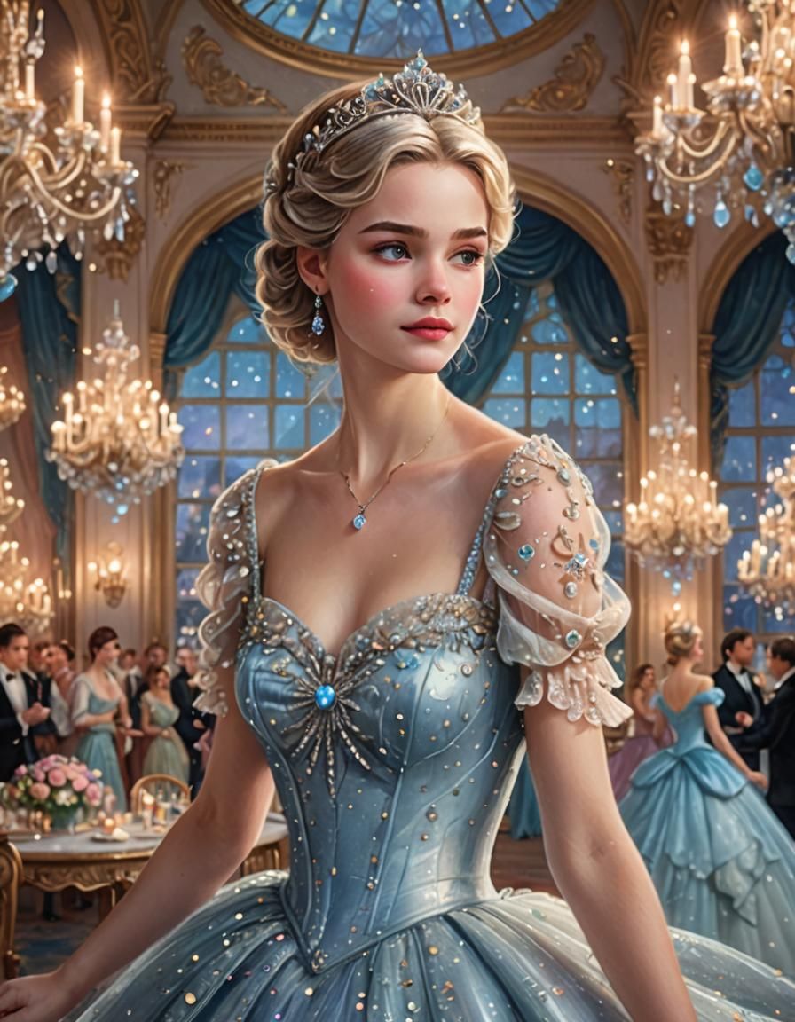 Cinderella at Midnight in Lavish Ballroom