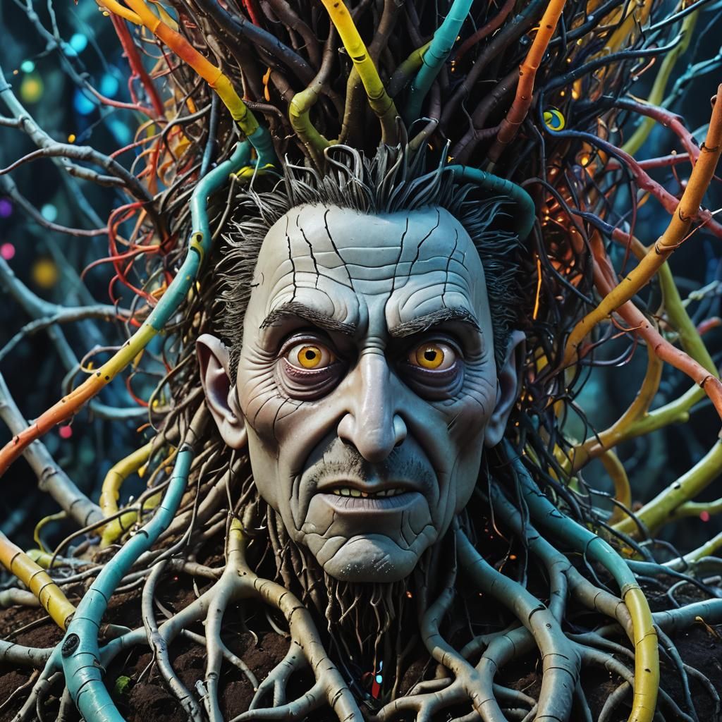 Gru in Surreal Macro Shot with Bioluminescent Roots