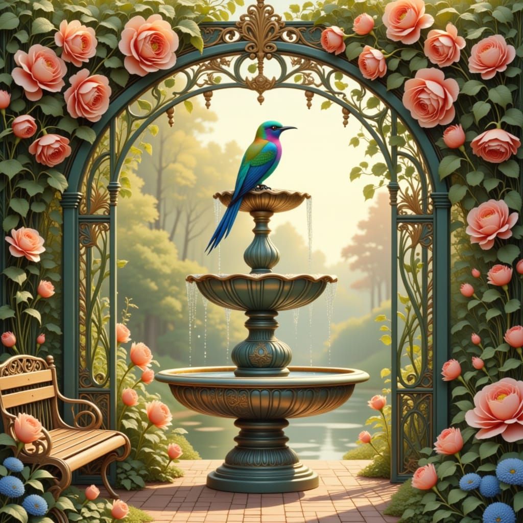 <lora:Bilibin:1.0> 3D render magical garden gate with climbing roses, park bench, decorated fountain with a stunning col...