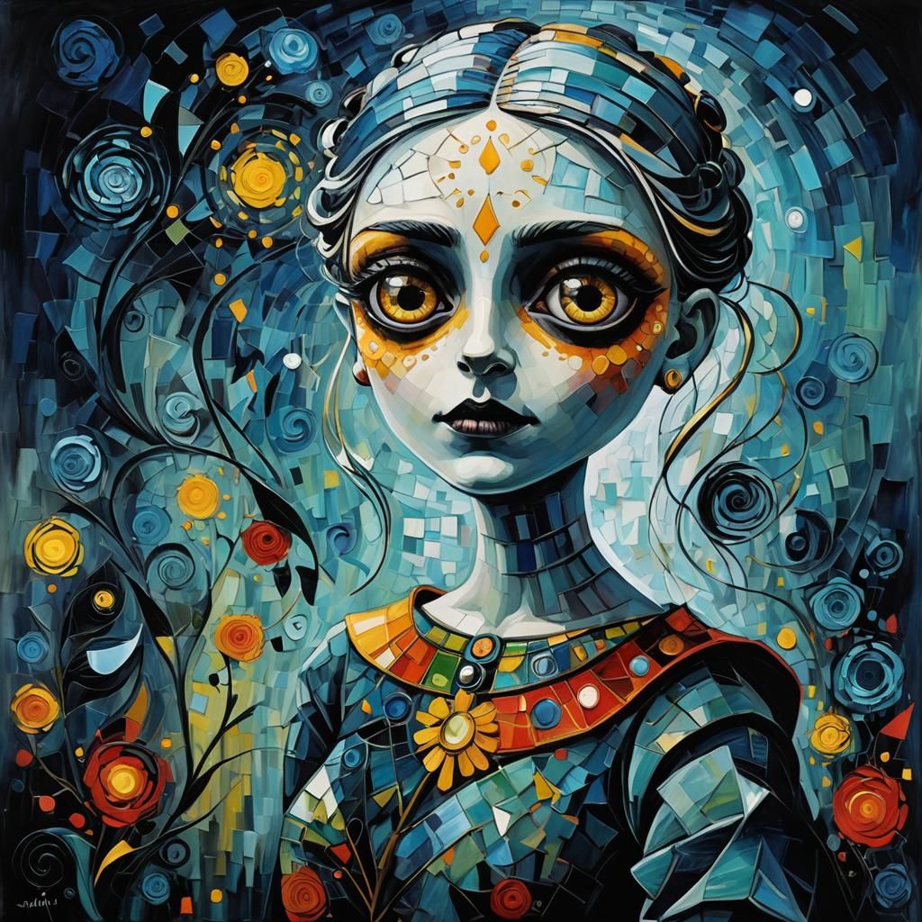 Gothic Girl with Golden Eyes in Cubist Style