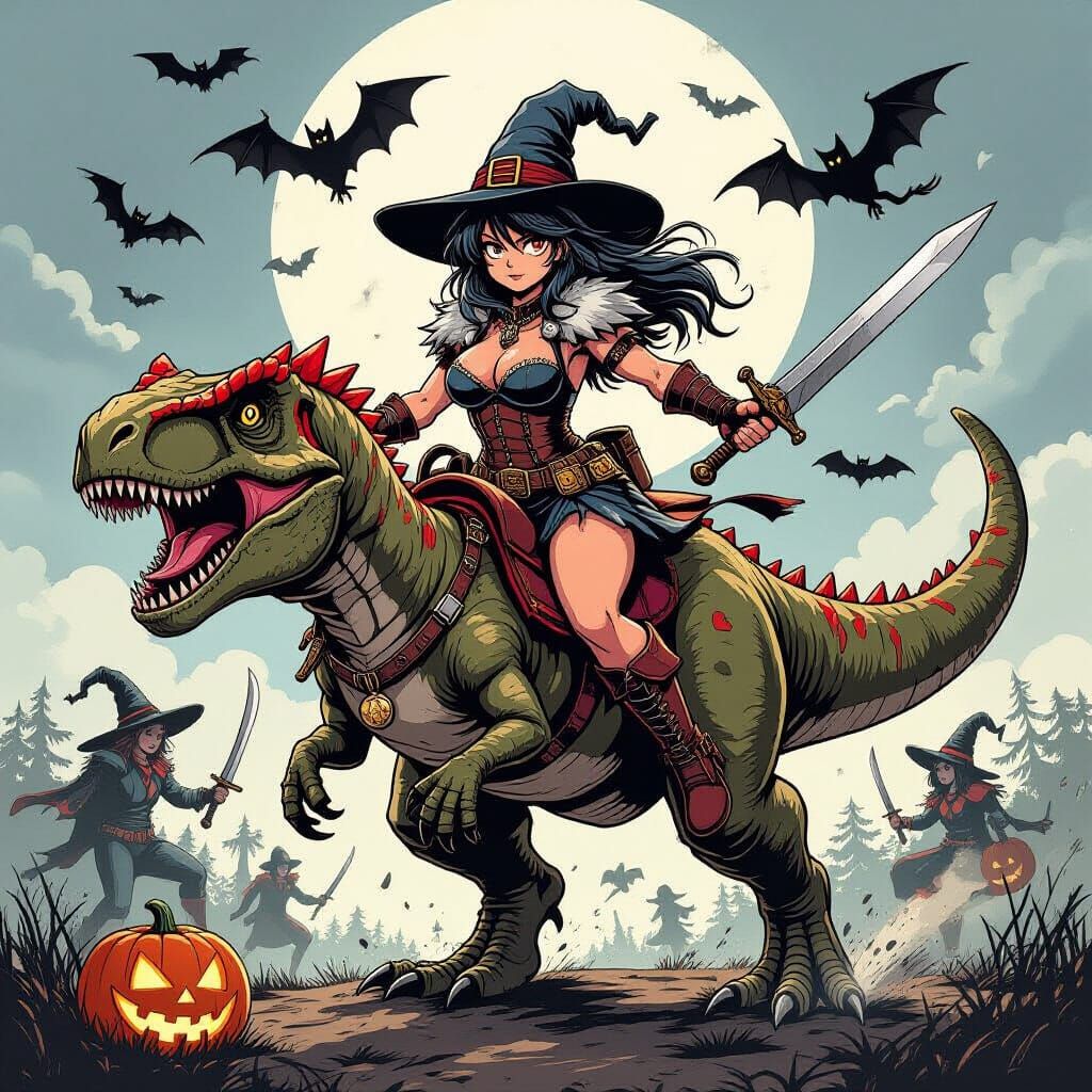 Manga Art: Barbarian Witch on Dinosaur Battles Halloween Wit...