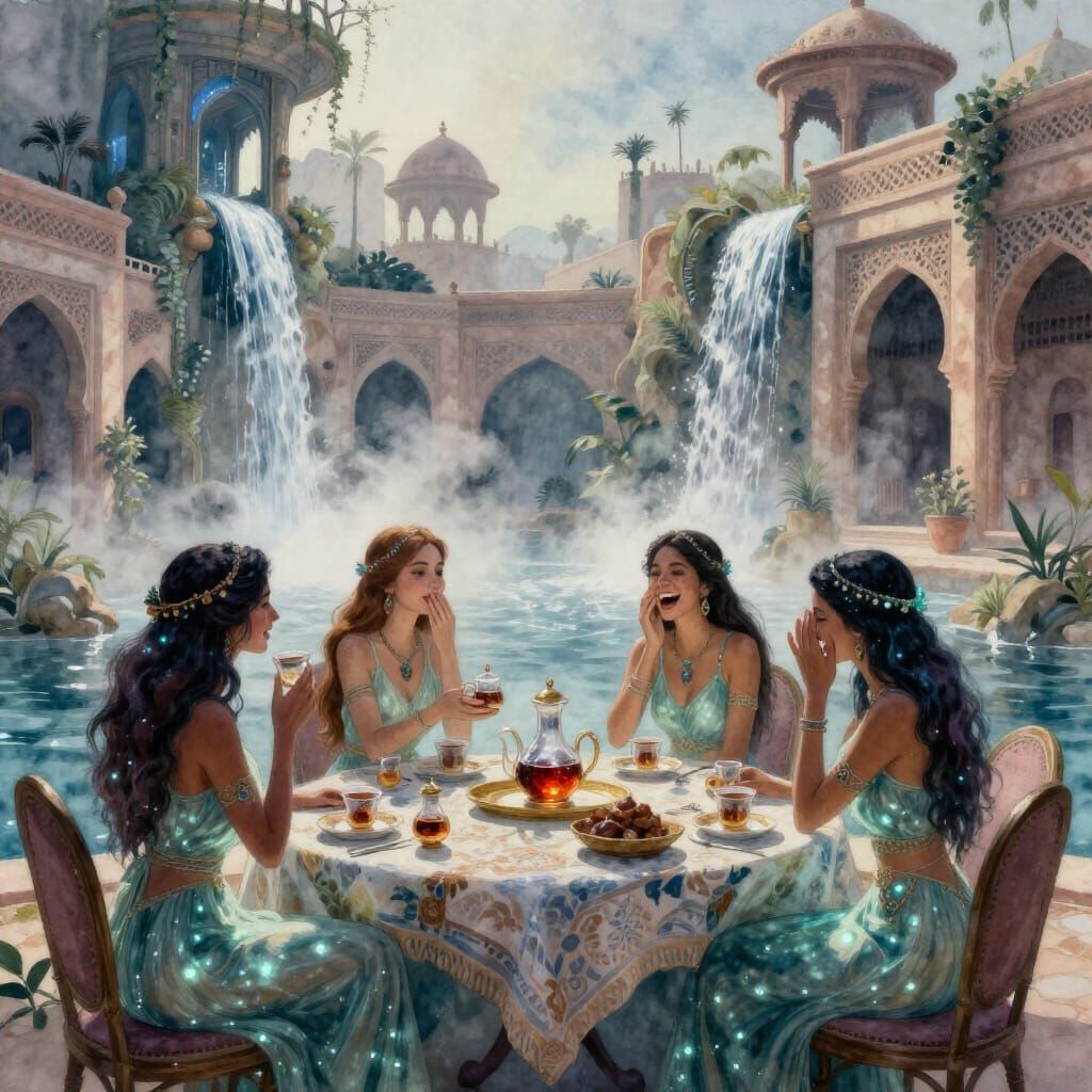 Fairies Gossiping in Futuristic North African City Watercolo...