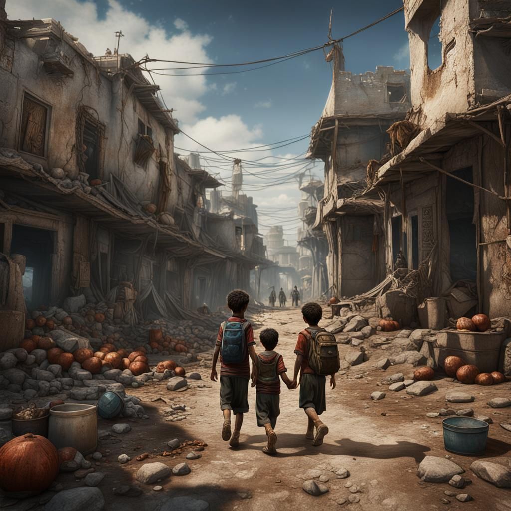 Starving Children of Gaza: Detailed Matte Painting