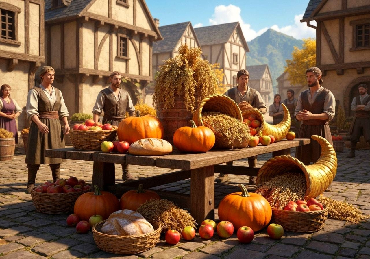 Bountiful Medieval Harvest in Sun-Drenched Village Square