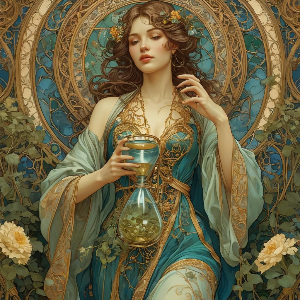 Art Nouveau Woman With Hourglass and Flowers