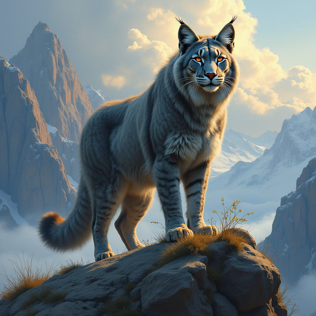 Grey Fur Cat with Fiery Eyes, Wildlife Illustration