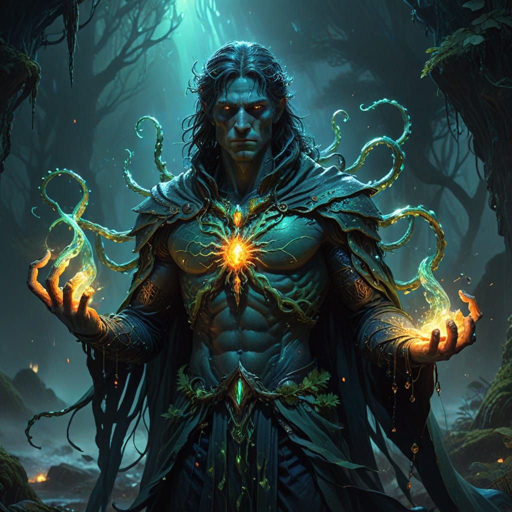 Mystical Sorcerer Confronts Otherworldly Energy in Iridescen...