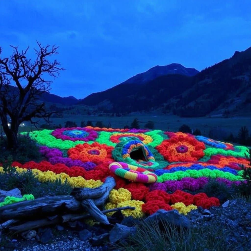 Macrame Yarn Bombing Landscape with Electric Neons