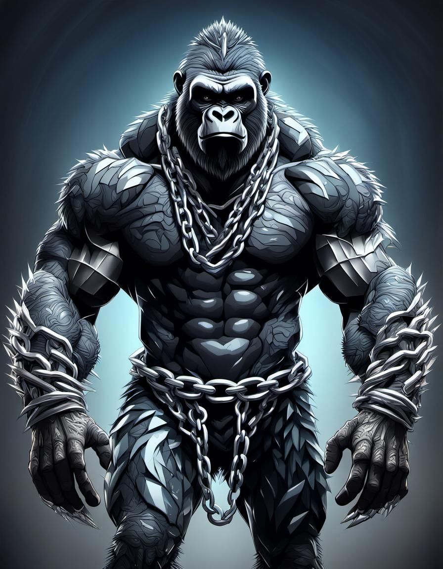 anthropomorphic gorilla man with massive muscular muscle ,8k resolution concept art with chains,spikes and huge claws