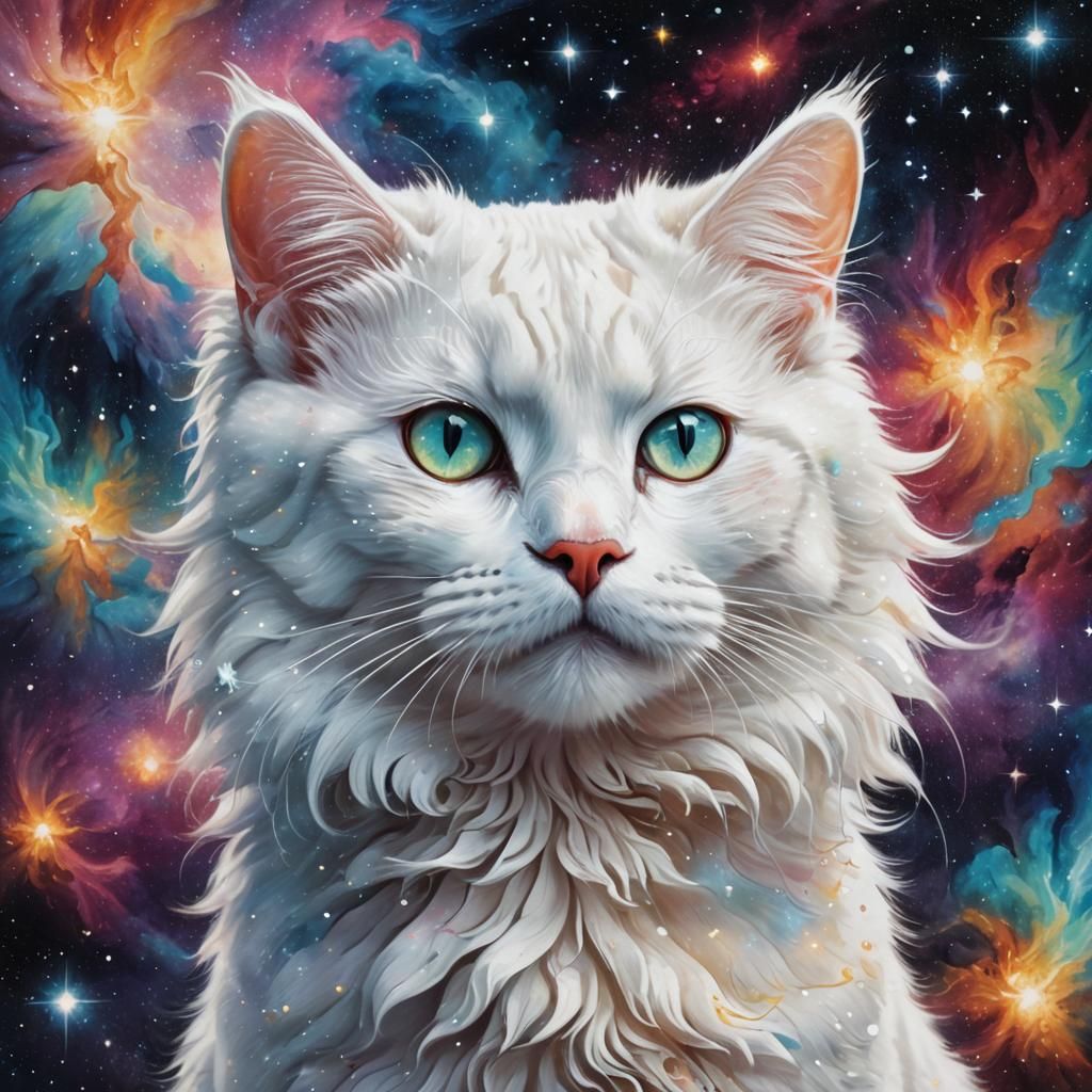 Cosmic Cat Portrait in Mixed Media Style