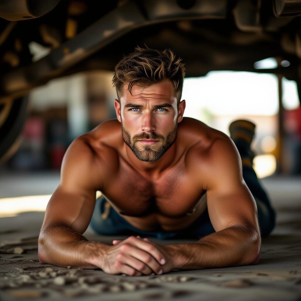 Male Mechanic Under Car, Intimate Portrait with Bokeh