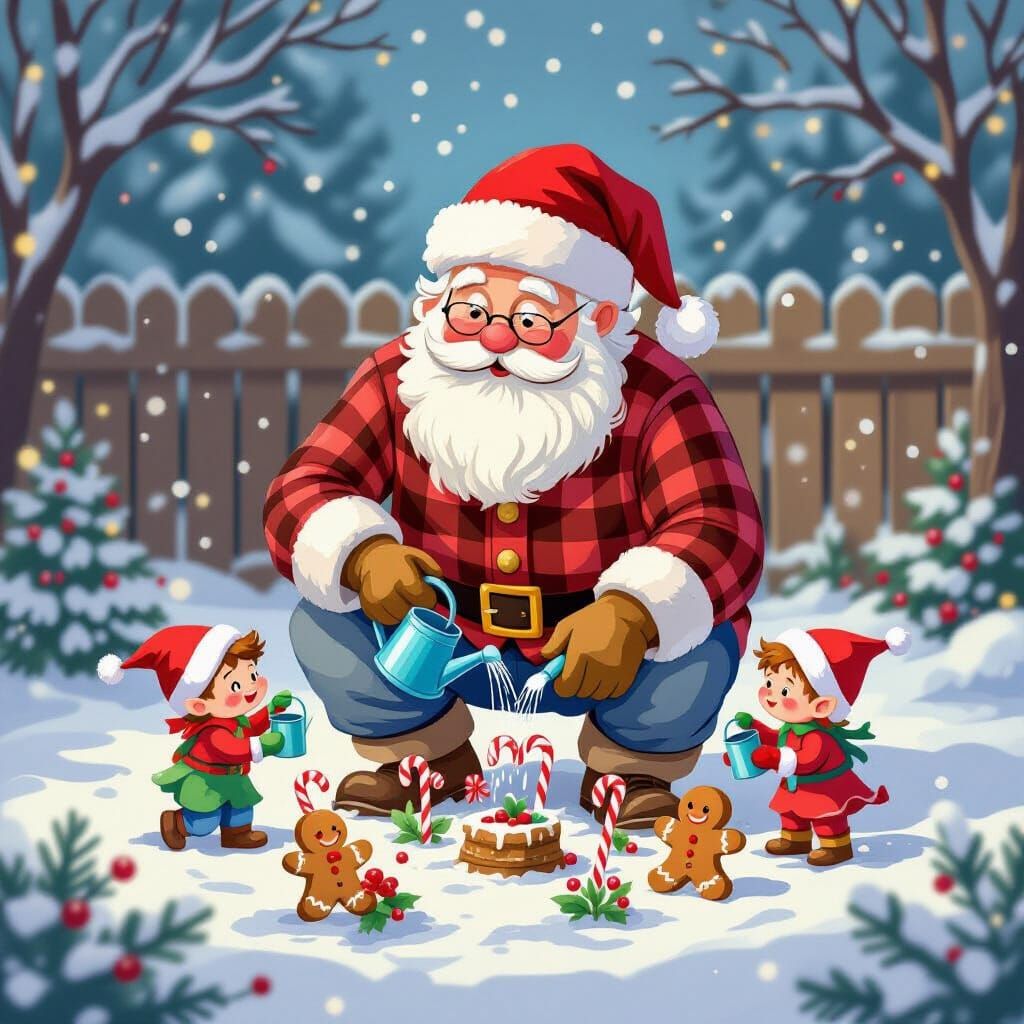 Whimsical Garden Santa in Flannel Shirt