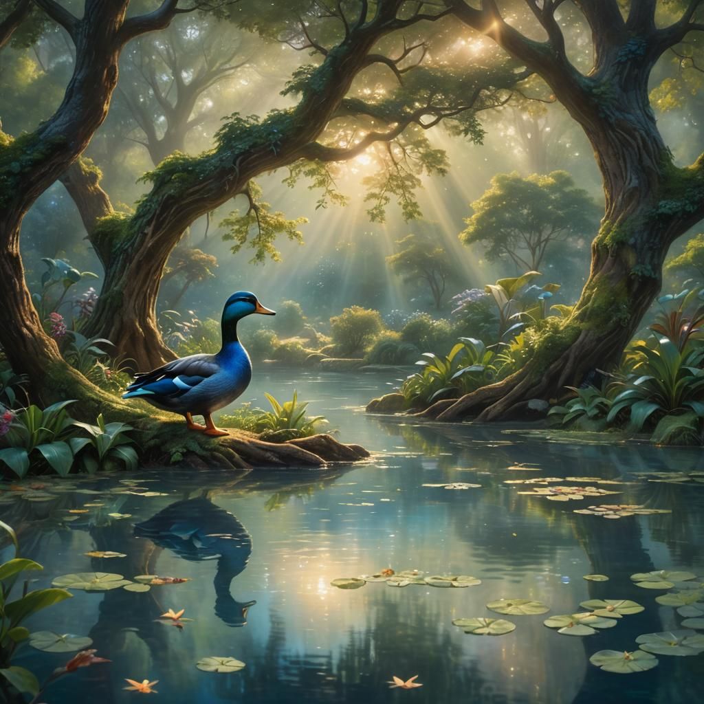 Blue Duck in Pond with Ancient Tree, Golden Lighting