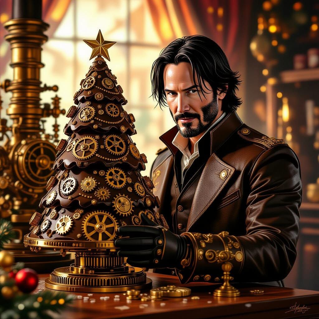 Steampunk Keanu Reeves with Chocolate Christmas Tree