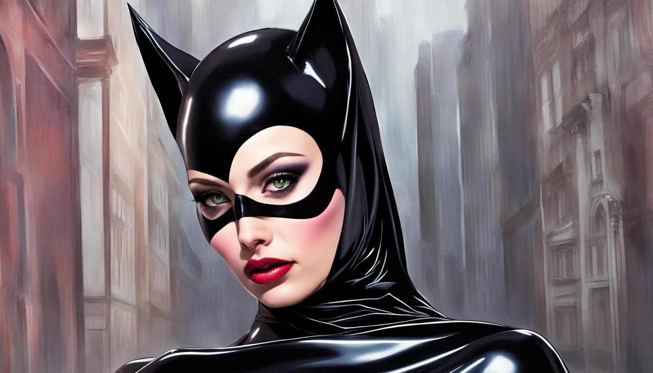 Hybrid Catwoman Hugs Batman in Latex Outfit