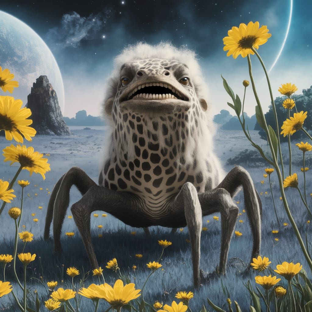 Surreal Spider-Giraffe Emerges from Misty Blue Meadow